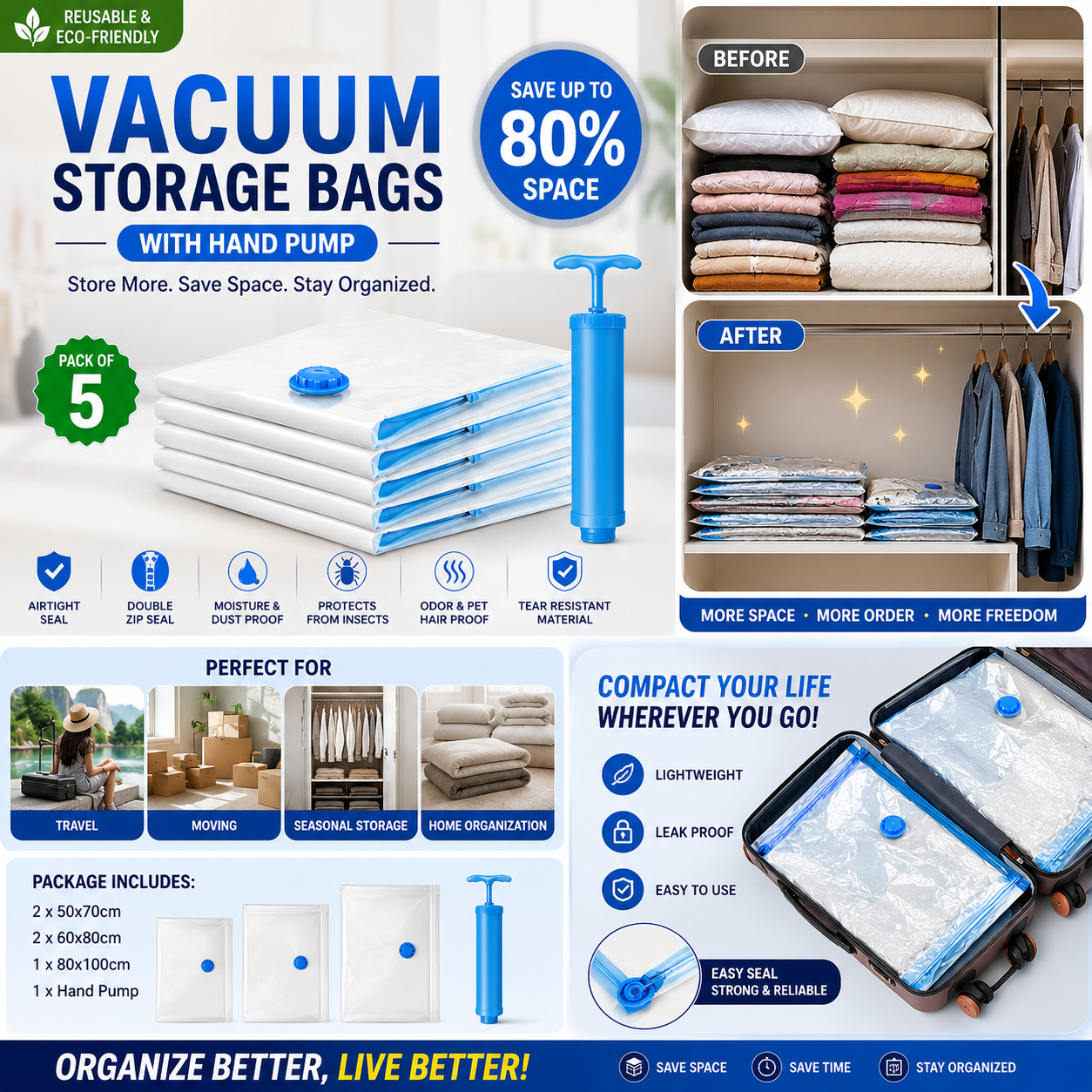 Vacuum Storage Bags with Hand Pump | Space Saver Vacuum Seal Bags for Clothes, Blankets, Bedding & Travel