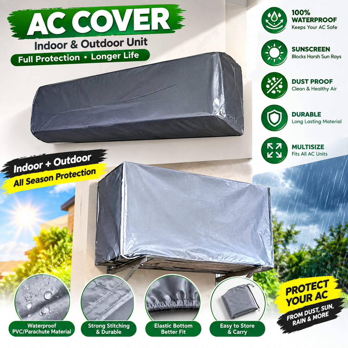 100% Waterproof AC Cover – Silver Sunscreen Multisize Indoor & Outdoor Air Conditioner Protective Cover