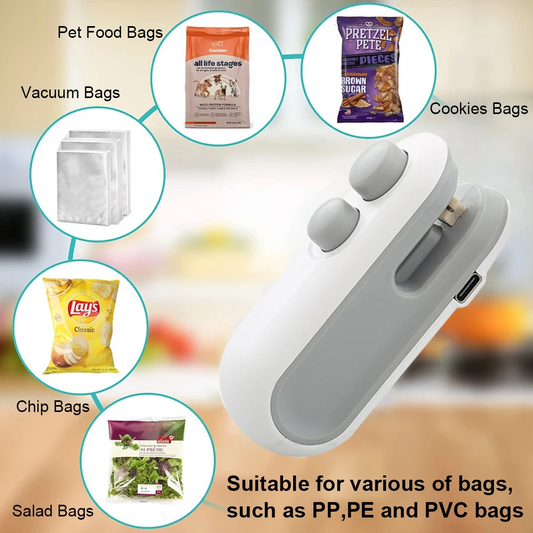 2-in-1 Rechargeable Mini Bag Sealer with Cutter| Portable Heat Sealer for Plastic & Snack Bags