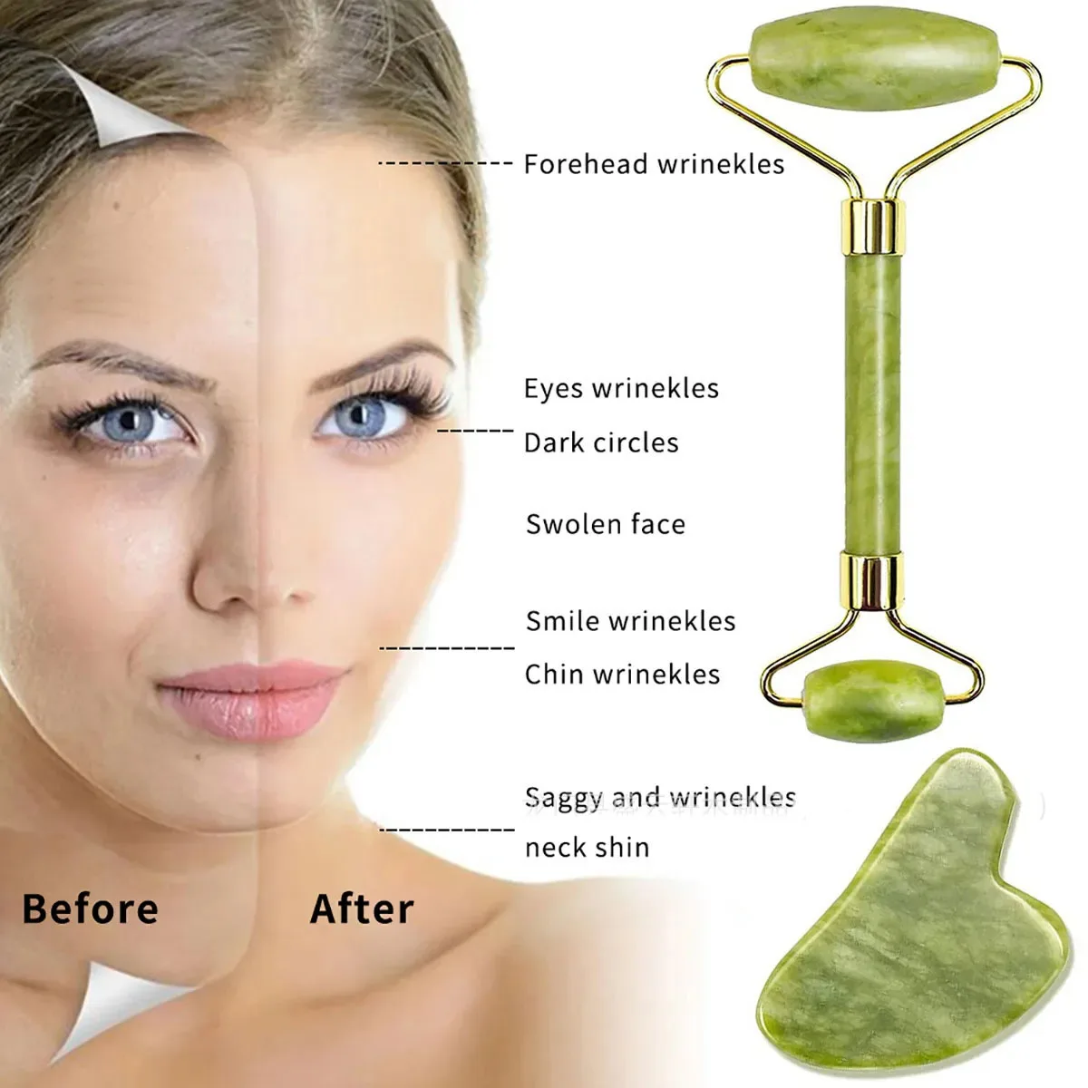 Natural Jade Roller & Gua Sha Set – Face, Neck & Eye Massager for Skin Lifting and Facial Care